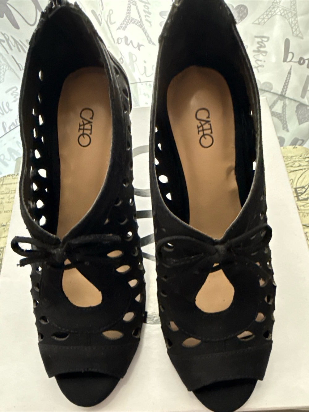 Cato Black Laser-Cut Peep-Toe Bow Pumps